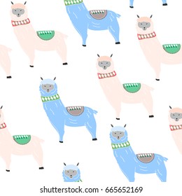Colored lamas and alpacas. Vector seamless pattern