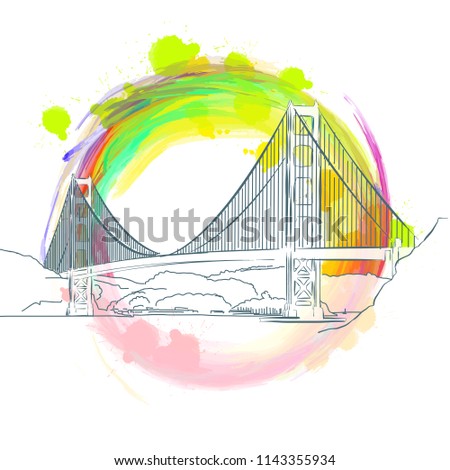 Colored landmark of Golden Gate Bridge near san francisco. Hand-drawn vector sketch.
