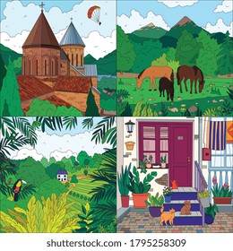 Colored landscape 2x2 icons set with church horses forest house front door flat isolated vector illustration