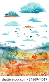 Farbige Landschaft mit Vögeln und Wolken. Handzeichnung. Nicht KI, Vektorillustration.