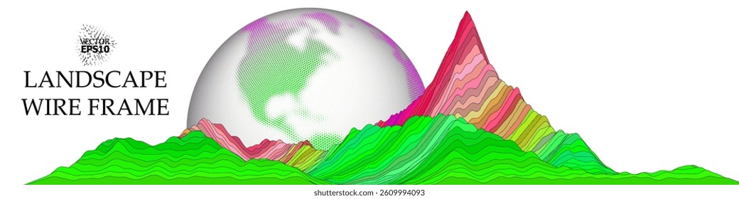 Colored landscape with contour mountains and translucent globe dome in the background. Style: vector graphics, scientific illustration, geometric minimalism.