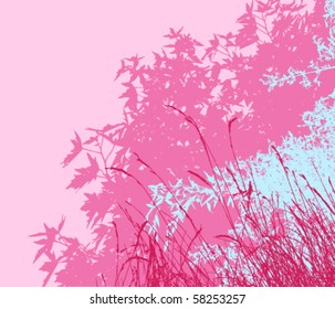 Colored landscape of foliage - Vector illustration - pink morning - The different graphics are on separate layers so they can easily be moved or edited individually