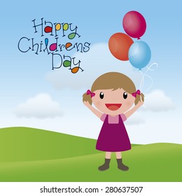 Colored landscape with a girl for children's day. Vector illustration