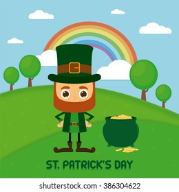 Colored landscape with an irish elf and gold for patrick's day