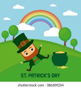 Colored landscape with an irish elf and gold for patrick's day