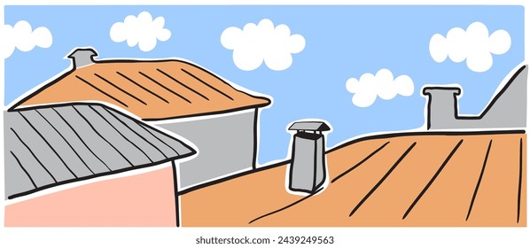 colored landscape with roofs and sky with clouds in doodle style in vector. template for background wallpaper animation banner
