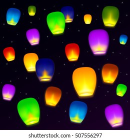 colored lanterns desires in the starry sky