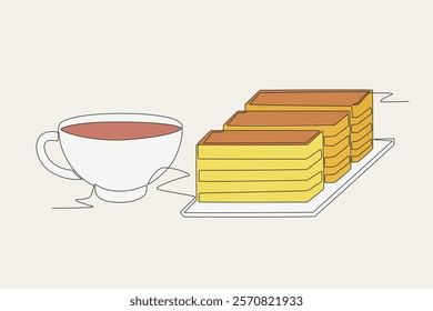 Colored lapis legit cake and a glass of tea. Lapis legit cake concept one-line drawing