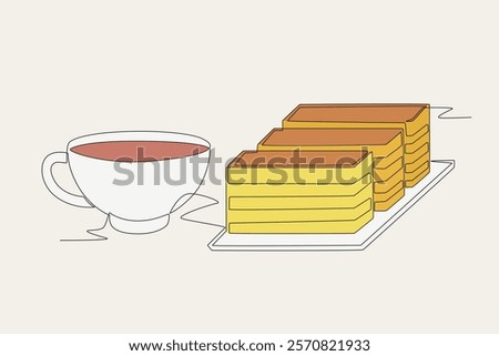 Colored lapis legit cake and a glass of tea. Lapis legit cake concept one-line drawing