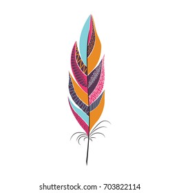colored large bright bird feather with geometric patterns of doodles