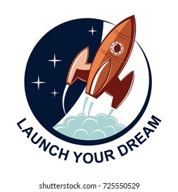 Colored launched rocket startup emblem in retro vintage style. Vector illustration.
