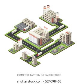 Colored layout of factory infrastructure in isometric style with buildings and asphalt driveways vector illustration