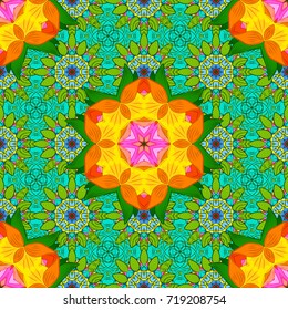 Colored layout on green, blue and orange colors. Presentation with mandala. Design book layout. Modern vector template for brochure leaflet flyer cover catalog magazine or annual report.