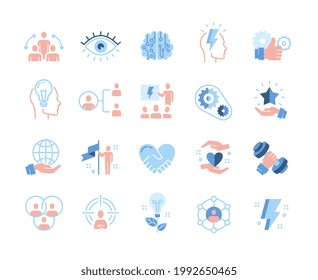 Colored leadership traits icons collection. Qualities for success, teamwork, development, personal growth. Pictograms infographics design elements. Set of vector illustrations isolated on white