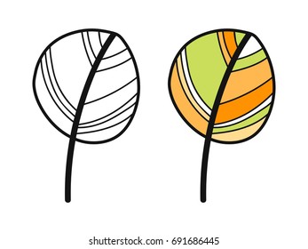 Colored leaf, black and white illustration for coloring book