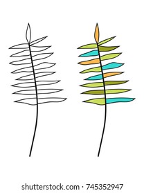 Colored leaf, black and white illustration for coloring book