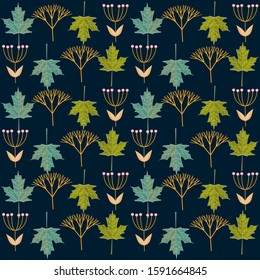 Colored leaves and additional elements, seamless pattern, dark blue background, vector