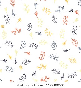 Colored leaves, foliage, branches hand painting pattern on white background. Pattern hand drawing tree branches and foliage plants, leaves on seamless background