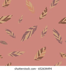 Colored leaves on a pink background. Seamless pattern. Vector illustration. For packaging design, labels, Wallpaper, fabric, cosmetic, juice, ice cream.