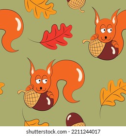 Colored leaves and squirrel with acorn. Seamless pattern. Vector autumn illustration.