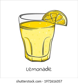 Colored Lemonade in glass with lemon slice in cartoon style, vector image. Outline drawing.