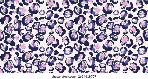 Colored leopard-inspired pattern with abstract spots in pink and navy, blue shades on a light background. Bold, modern design animal print for fashion, textiles, artistic creative branding projects.