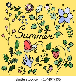 colored lettering summer text vector set collection with animals and plants