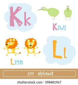 Colored letters of the alphabet for child next to images of abstract characters funny animals isolated on white background. Vector illustration