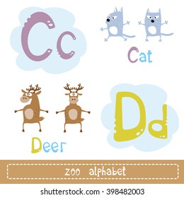 Colored letters of the alphabet for child next to images of abstract characters funny animals isolated on white background. Vector illustration