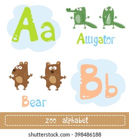 Colored letters of the alphabet for child next to images of abstract characters funny animals isolated on white background. Vector illustration
