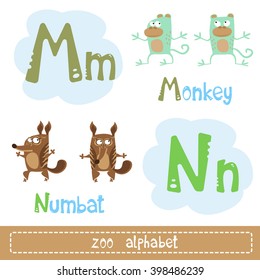 Colored letters of the alphabet for child next to images of abstract characters funny animals isolated on white background. Vector illustration