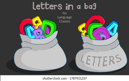 Colored Letters In Bag. Cartoon Grammar Class Icon. Colorful Toy 2d Letters. Green, Blue, Red, Yellow Abc In Pocket. Latin, English, Spanish, German Course. For Game Room, Kindergarten School. Vector