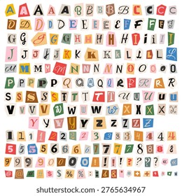 Colored letters in different fonts cut out from magazines and newspapers for collages, scrapbooking, and crime stories. Letters of English or Latin alphabet cut out from colorful pages and paper.