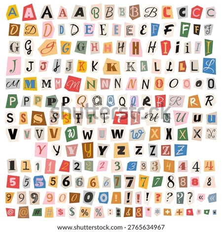 Colored letters in different fonts cut out from magazines and newspapers for collages, scrapbooking, and crime stories. Letters of English or Latin alphabet cut out from colorful pages and paper.