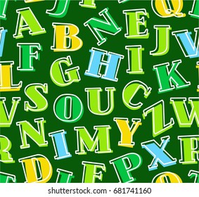 Colored letters of the English alphabet, background, seamless, green, vector. Green, yellow, blue serif letters on a green background. Thin white outline on the letters is offset to the side.