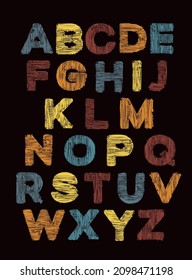 Colored letters of the English alphabet with a textile texture. Vector set of bright capital Latin letters in retro style on black background. Stylish and creative fabric font design or chalk drawing