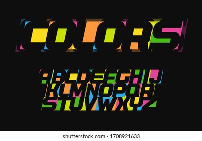 Colored letters, modern happy alphabet, joy coloring font, negative space letters, vector bold and italic create art typography design on black background.