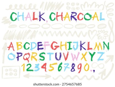 Colored letters, numbers drawn with chalk, charcoal with realistic texture, abstract elements, fine particles. High detail vector. Kids font alphabet with colorful letters. Playful childish typography