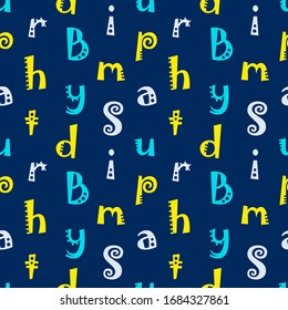 Colored letters on a blue background. Seamless pattern for fabric, packaging, covers and other surfaces. Vector.