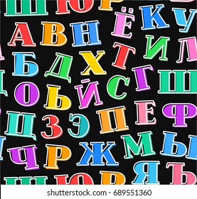 Colored letters, Russian alphabet, background, seamless, black, vector. Colored letters with a serif on a black background. Thin white outline on the letters is offset to the side. 
