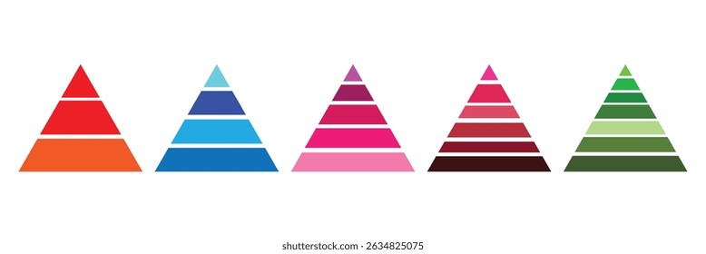 Níveis coloridos de pirâmide triangular. Conjunto de ícones de vetor infográfico de pirâmide triangular. projetado para apresentações comerciais, gráficos, materiais educacionais. Infográfico de nível de desenvolvimento. Arquivo EPS 89.