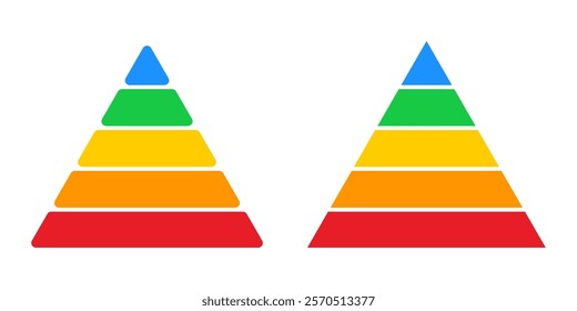 Colored levels of triangular pyramid. Maslow hierarchy of needs, triangle pyramid chart steps, pyramid layer diagram with rounded and sharp corners