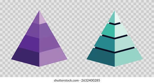 Níveis coloridos de pirâmide triangular. Hierarquia maslow de necessidades, etapas de gráfico de pirâmide de triângulo, diagrama de camada de pirâmide com cantos arredondados e afiados. Ilustração vetorial. EPS 10