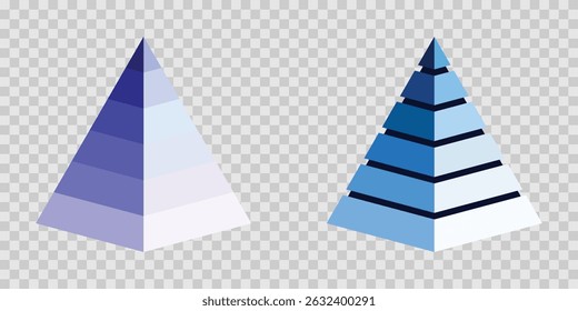 Colored levels of triangular pyramid. Maslow hierarchy of needs, triangle pyramid chart steps, pyramid layer diagram with rounded and sharp corners. Vector illustration. EPS 10