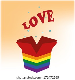 a colored lgbt box with some text and blue stars