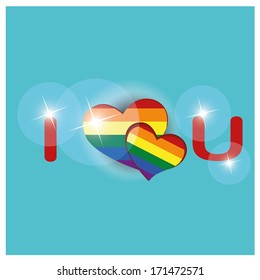 a colored lgbt text with some hearts in the middle