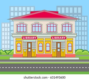 Colored library building near the road with shrubs and city silhouette. Vector illustration in flat style with outlined stroke