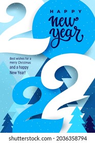 Colored light blue and blue with 2022 Happy New Year. Elegant design of colorful 2022 logo number. Perfect typography for design, calendar and new year celebration invite. Christmas decoration vector.