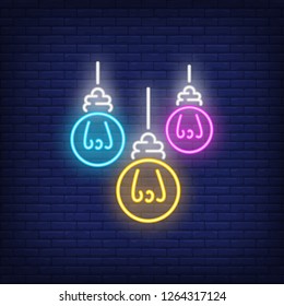 Colored light bulbs hanging neon sign. Idea concept design. Night bright neon sign, colorful billboard, light banner. Vector illustration in neon style.