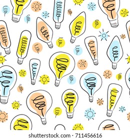 Colored light bulbs on white background. Seamless pattern
